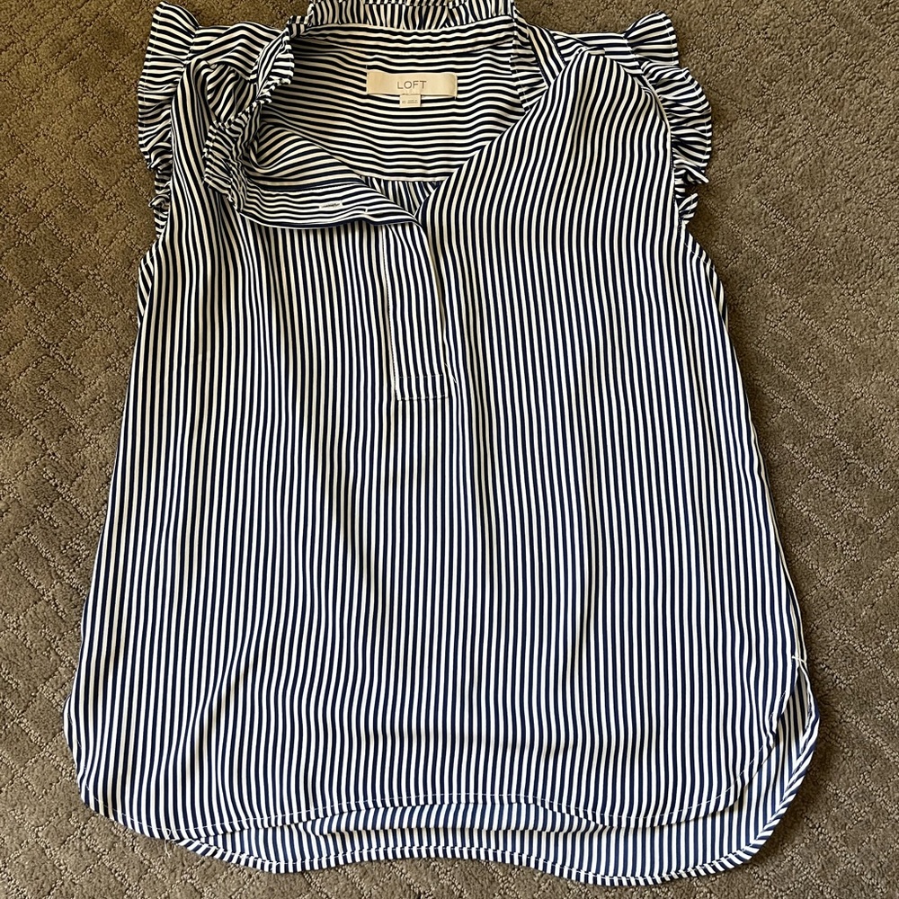 LOFT Navy and White Vertical Stripe Ruffle Sleeve Camisole